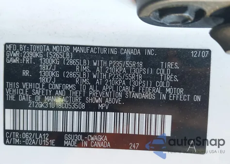 2008 Lexus Rx 350 from USA, damaged, VIN 2T2GK31U18C053508